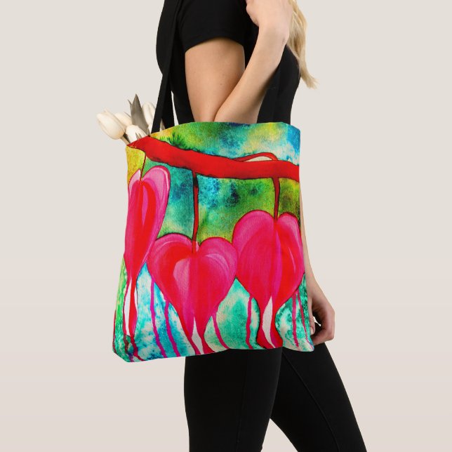 Neon pink Bleeding Hearts art flowers Tote Bag (Close Up)