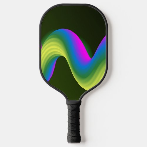 Neon pink blue and green waves on green pickleball paddle