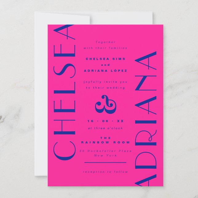 Neon Pink Blue Art Deco Typography Wedding Invitation (Front)
