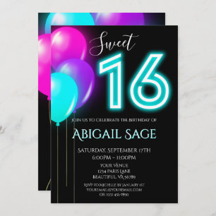 Neon Pink, Blue, Purple Sweet Sixteen Balloons Invitation