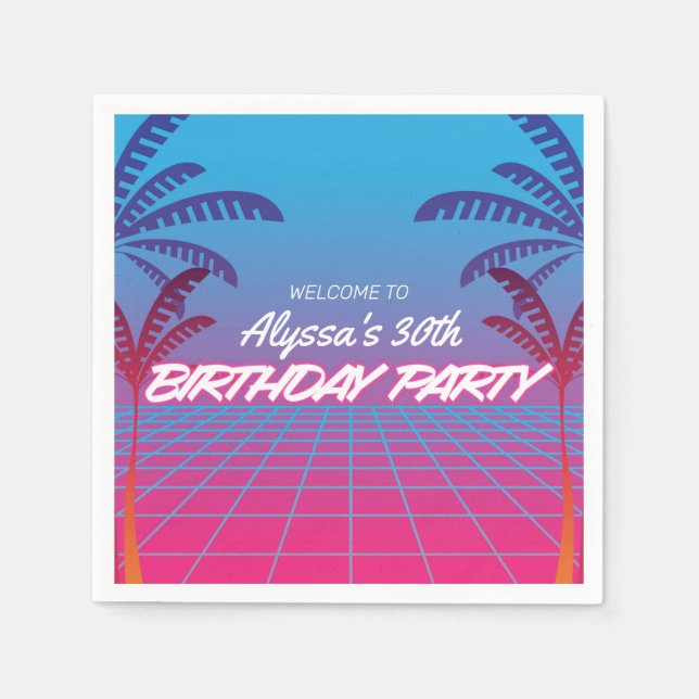 Neon Pink Blue Retro 80s Themed Birthday Party Napkins (Front)