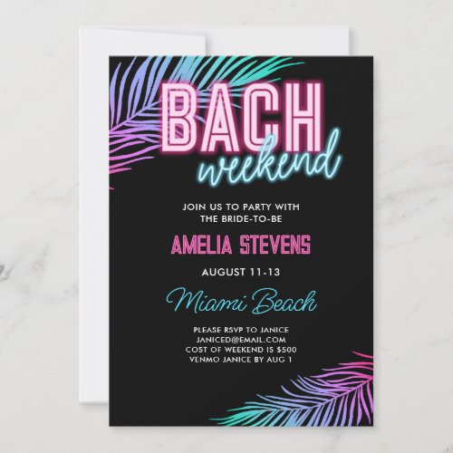 Neon Pink  Blue Tropical Bachelorette Weekend Invitation