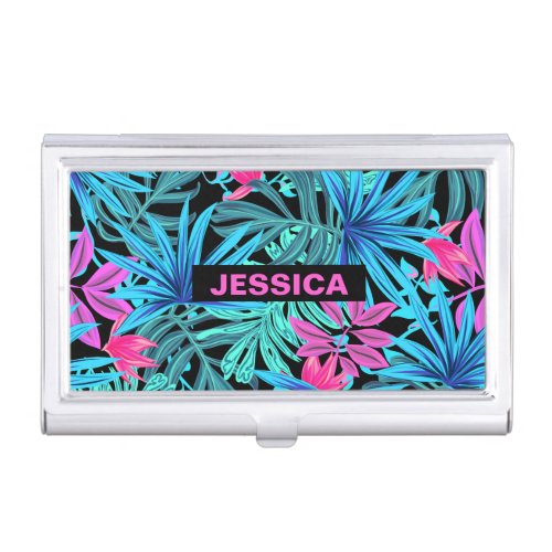 Neon Pink Blue Tropical Plant Pattern Personalised Business Card Case
