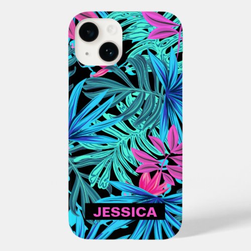 Neon Pink Blue Tropical Plant Pattern Personalised Case_Mate iPhone 14 Case