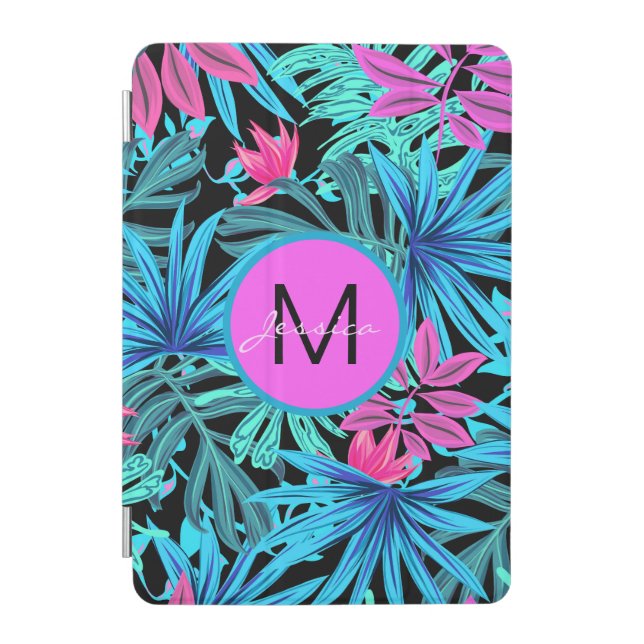 Neon Pink Blue Tropical Plant Pattern Personalised iPad Mini Cover (Front)