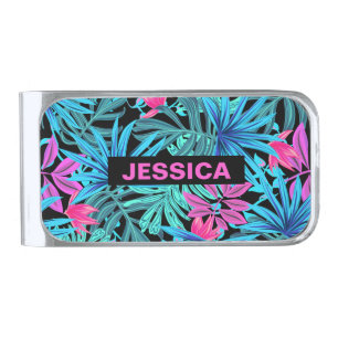 Neon Pink Blue Tropical Plant Pattern Personalised Silver Finish Money Clip