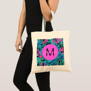 Neon Pink Blue Tropical Plant Pattern Personalised Tote Bag