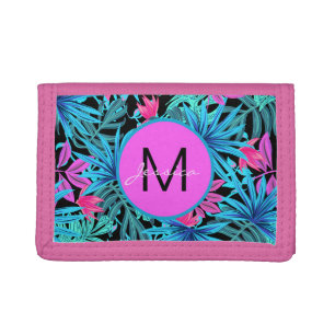 Neon Pink Blue Tropical Plant Pattern Personalised Trifold Wallet