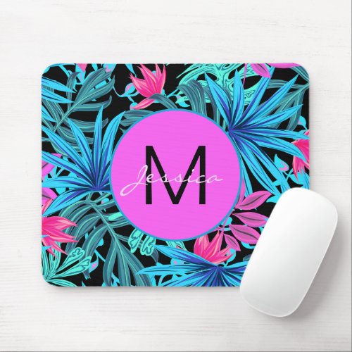 Neon Pink Blue Tropical Plant Pattern Personalized Mouse Pad