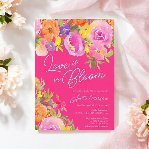 Neon Pink Bold floral watercolor bridal shower Invitation