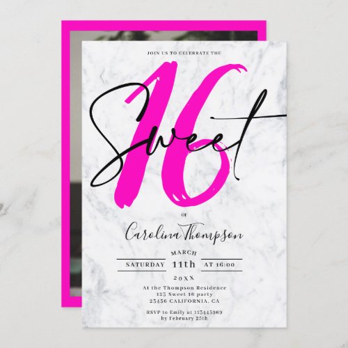 Neon pink border marble script photo Sweet 16 Invitation