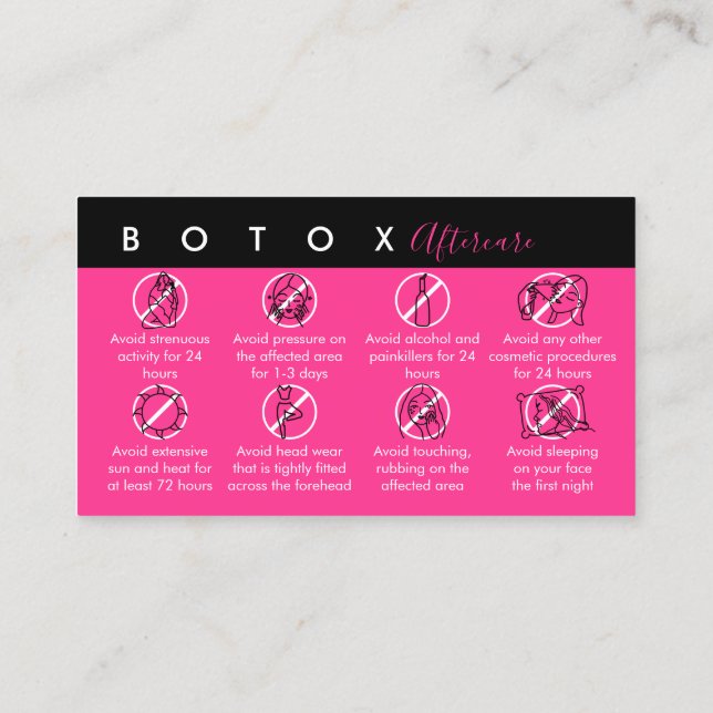 Neon Pink Botox Aftercare Instructions Business Card (Back)