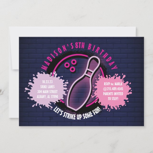 NEON PINK BOWLING BALL ROUND Birthday Party (Front)