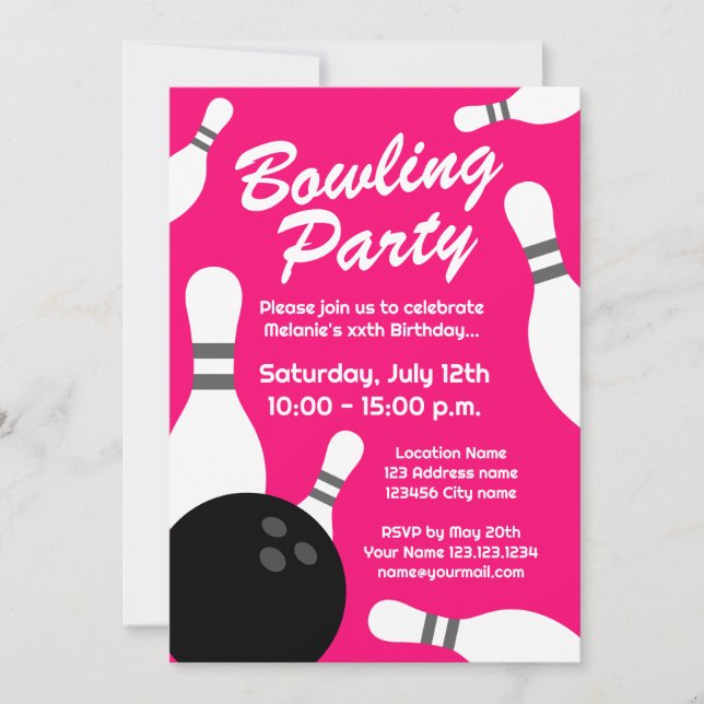 Neon pink bowling Birthday party invitations (Front)