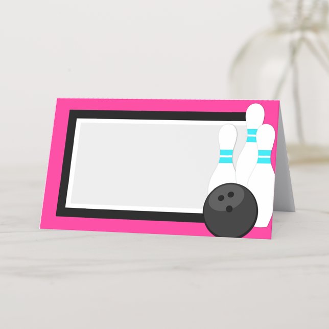 Neon Pink Bowling Folding Label or Name Cards (Pink Neon Bowling Name Place cards or Food and Drink Label Cards for Bowling Party or Banquet)