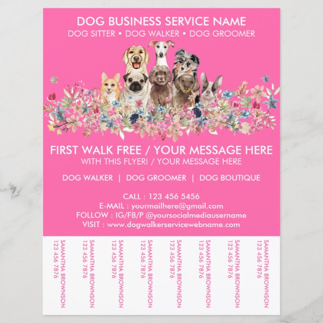 Neon Pink Breeds Dog Walker Service Flyer (Front)