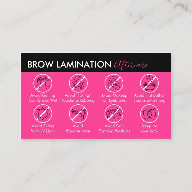 Neon Pink Brow Lamination Aftercare Guide Business Card