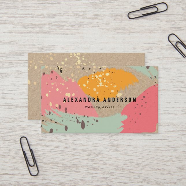 Neon Pink Brush Strokes Kraft Paper Business Card (Front/Back In Situ)