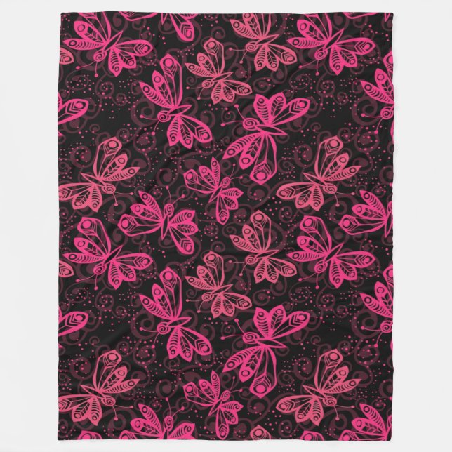 Neon Pink Buttflies Fleece Blanket (Front)