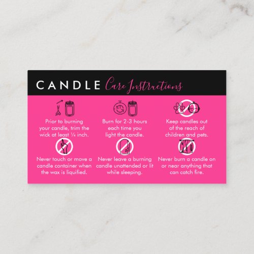 Neon Pink Candle Care Instructions Business Card