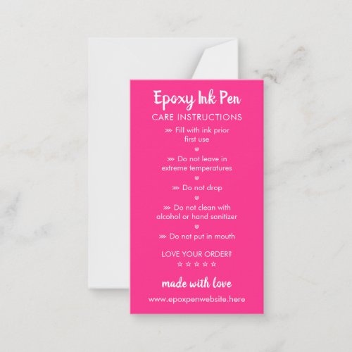 Neon Pink Care Instructions for Epoxy Pen Note Card