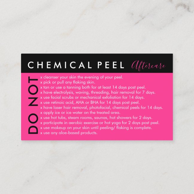 Neon Pink Chemical Peel Avoids Aftercare Business Card
