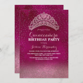 Neon Pink Confetti Tiara Crown Glitter Quinceañera Invitation (Front/Back)