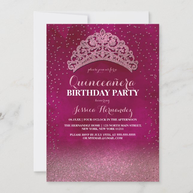 Neon Pink Confetti Tiara Crown Glitter Quinceañera Invitation (Front)