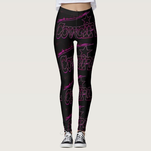 neon pink cowgirl black leggings (Front)