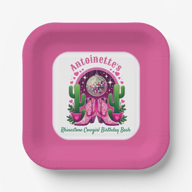 Neon Pink Cowgirl Boots & Disco Ball Bachelorette Paper Plates (Front)