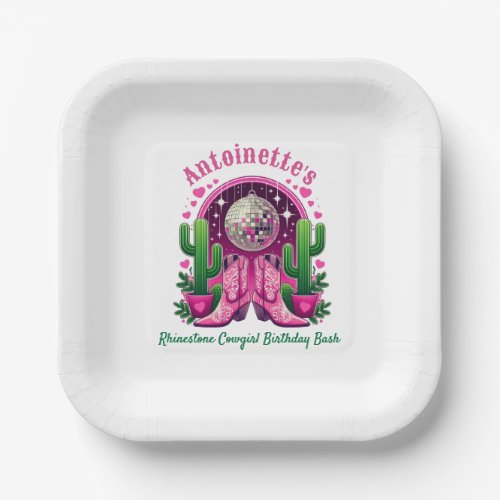 Neon Pink Cowgirl Boots  Disco Ball Bachelorette Paper Plates