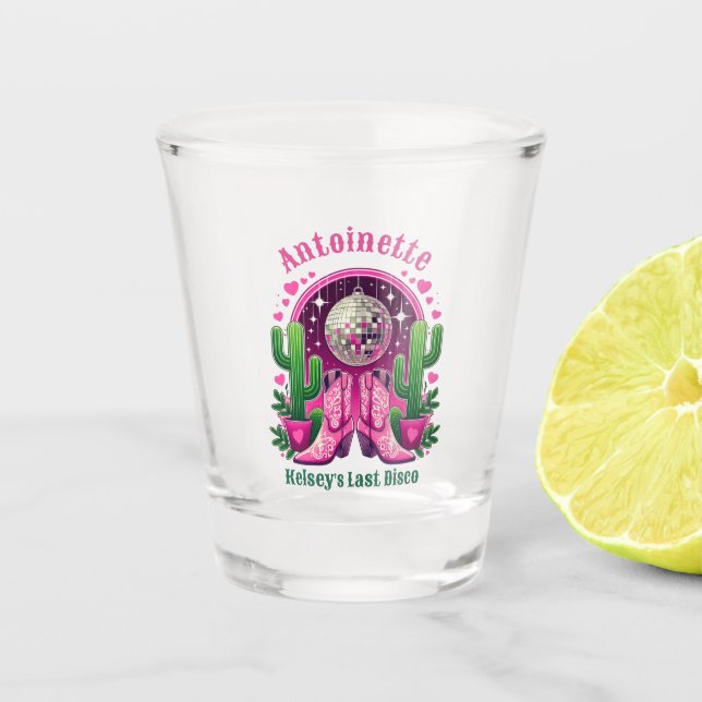 Neon Pink Cowgirl Boots & Disco Ball Bachelorette Shot Glass (Front)