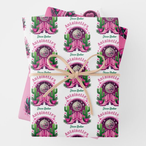 Neon Pink Cowgirl Boots  Disco Ball Bachelorette Wrapping Paper Sheets