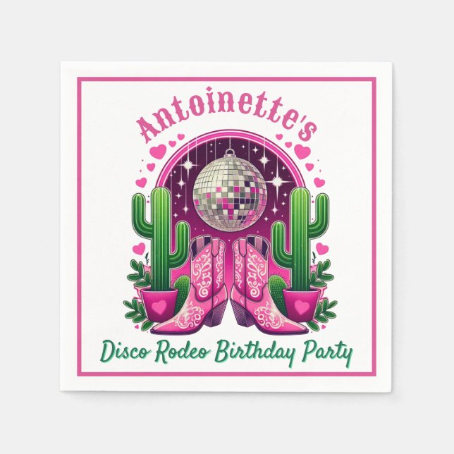 Neon Pink Cowgirl Boots & Disco Ball Party Napkins (Front)