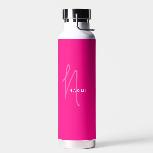 Neon Pink | Custom Monogram Script Name Stylish Water Bottle (Left)