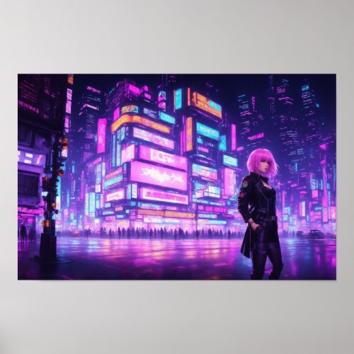 Neon Pink Cyberpunk City Poster