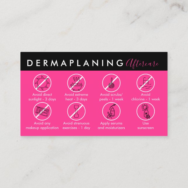 Neon Pink Dermaplaning Aftercare Post Instruction Business Card (Back)