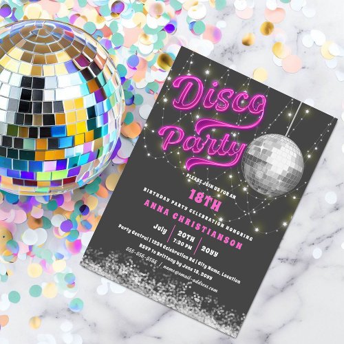 Neon Pink Disco Birthday Party Invitation