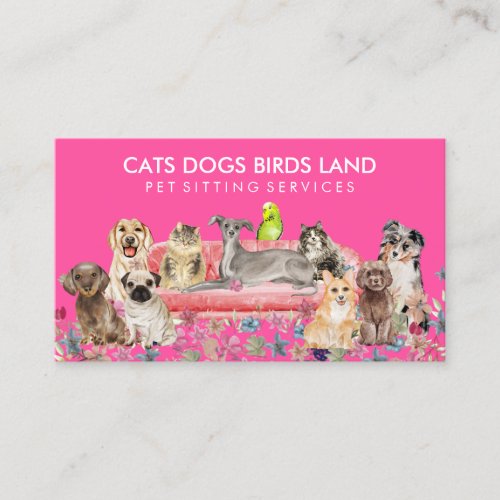 Neon Pink Dog Cat Bird Hotel Sofa Pet Sitting Business Card