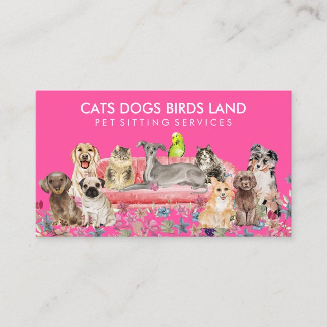 Neon Pink Dog Cat Bird Hotel Sofa Pet Sitting Business Card