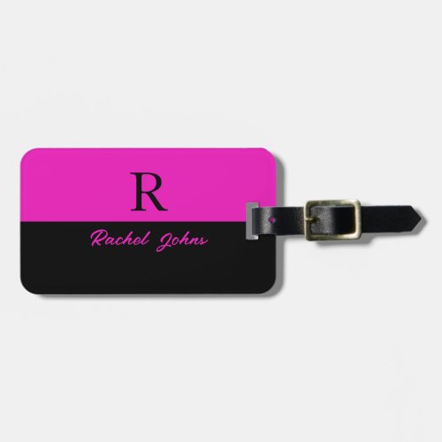 Neon Pink Double Color Black Monograms Name Cool Luggage Tag