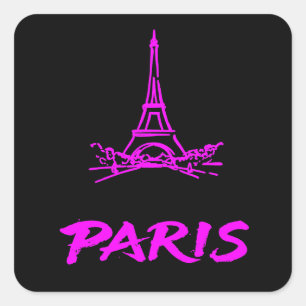 Neon Pink Eiffel Tower Paris Sketch Modern Square Sticker