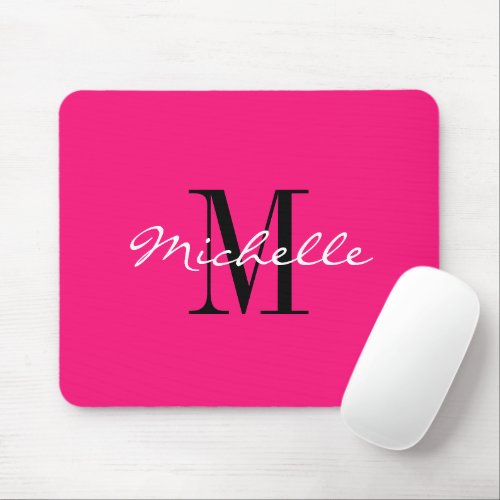 Neon pink elegant custom name monogram computer mouse pad