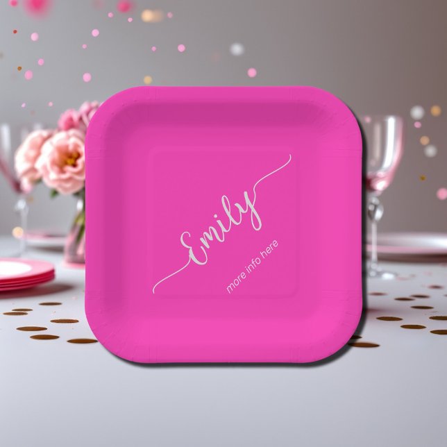 neon   pink elegant script paper plates (Creator Uploaded)