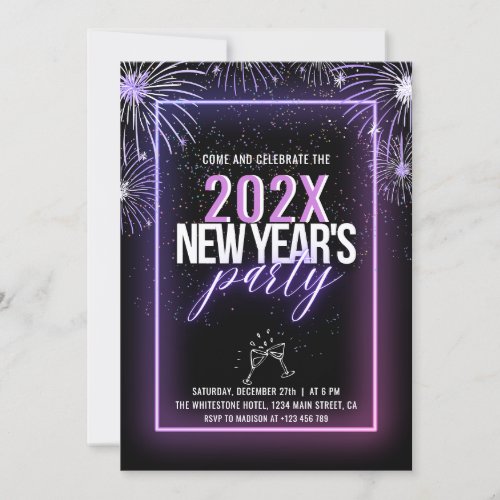 Neon Pink Fireworks New Year Invitation