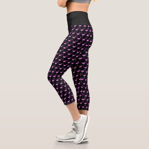 Neon pink flamingo bird print black high waist capri leggings