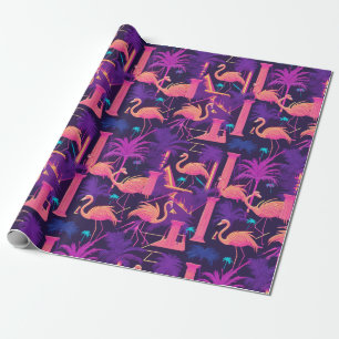 Neon Pink Flamingo Palm Trees Vaporwave Aesthetic Wrapping Paper