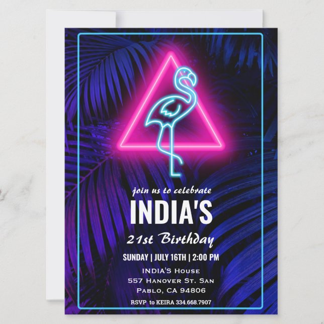 Neon Pink Flamingo Tropical Leaf Birthday  Invitation (Front)