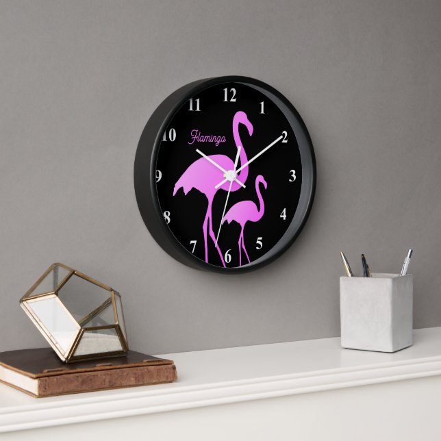 Neon pink flamingo wall clock with custom name (Office)