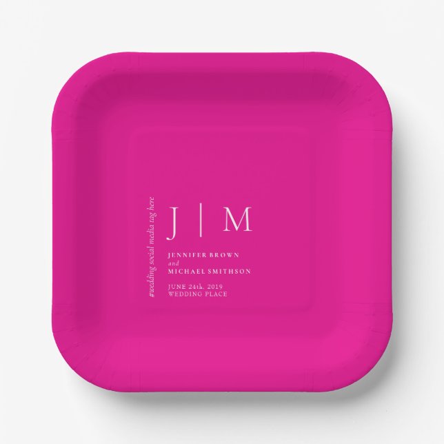 Neon Pink Formal Event Theme Wedding Paper Plates (Front)